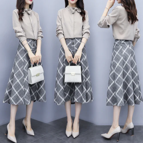 

Spring Two Piece Set Top And Skirt Peter Pan Collar Women's Blouse Plaid Skirt Set Korean Clothes Ensemble Femme Deux Pieces