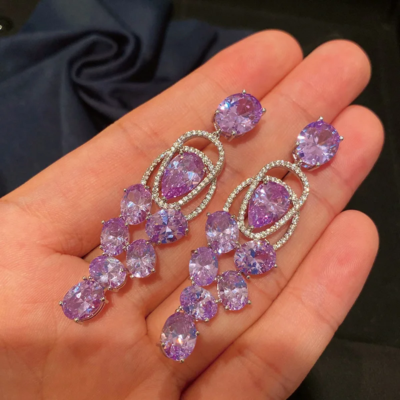 

Women's Purple Crystal Earring Fashion Boho Handmade Long Tassel Hanging Drop Earrings Multi Color Irregular Jewelry