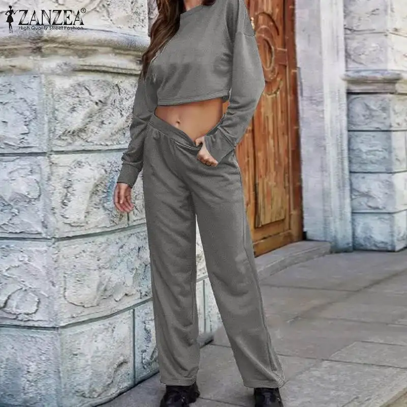 

Autumn Women Casual Solid Pant Sets ZANZEA Winter Long Sleeve O Neck Tops Elastic Waist Trouser Vintage Work OL Matching Sets