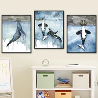 sea blue killer whale ship moon star watercolor wall art canvas painting nordic posters and prints wall pictures kids room decor