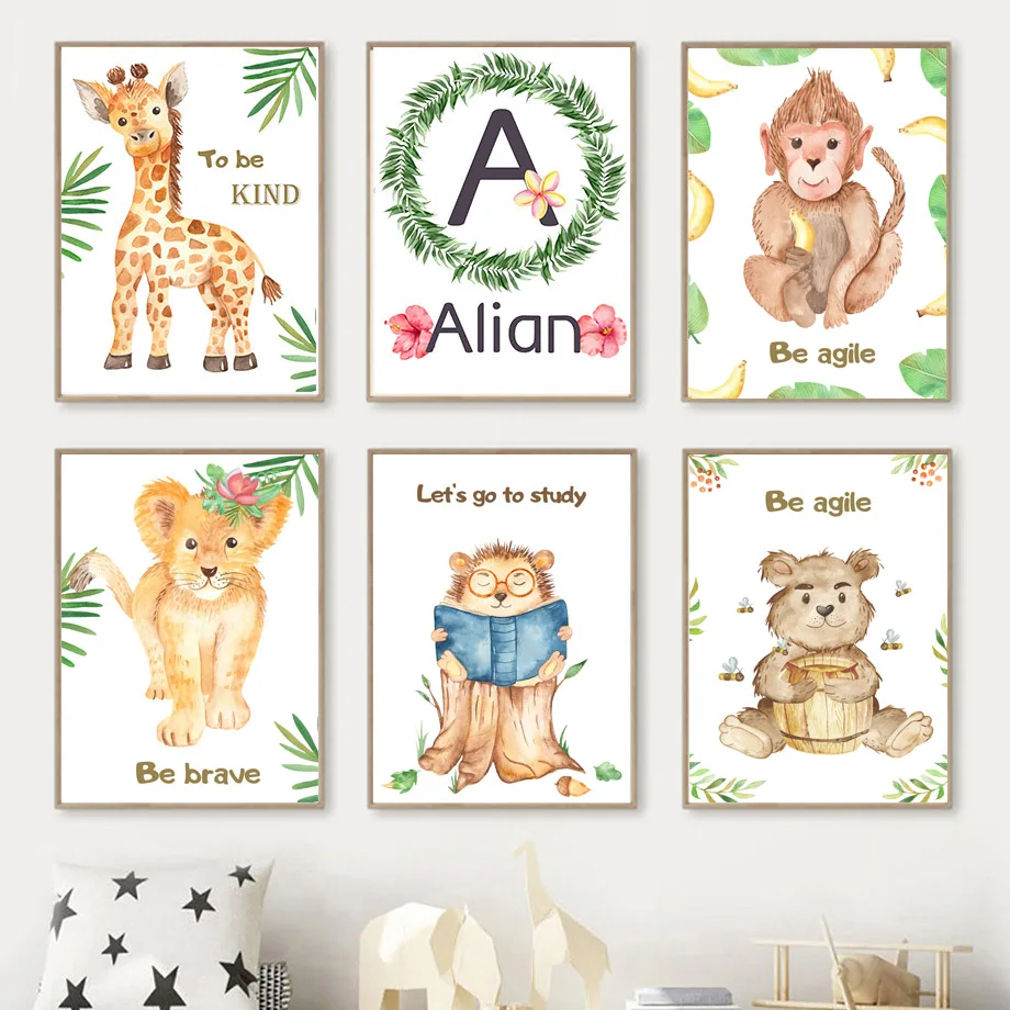 

Giraffe Elephant Lion Bear Monkey Name Custom Wall Art Canvas Painting Nordic Posters And Prints Wall Pictures Kids Room Decor