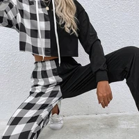 women black white plaid patchwork 2 pcs sets spring autumn pullover long sleeve hoodie sweater elastic waist casual pants sets