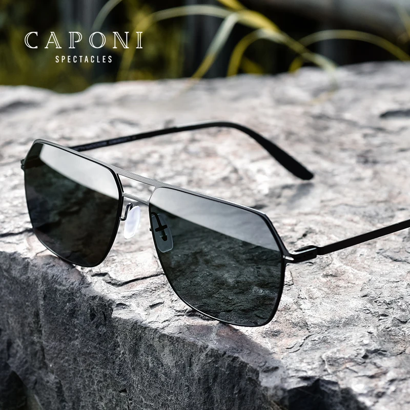 CAPONI Men's Sun Glasses Polarized Square Nylon Lens UV Protect Black Cut Shades Male No Screw Design Driving Sunglasses CP2007