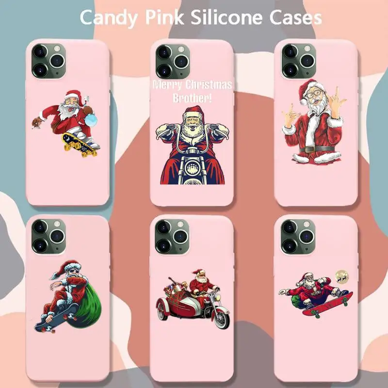 

Funny Santa Claus Motorcycle Merry Christmas Phone Case For Iphone 6 6s 7 8 Plus XR X XSmax 11 12 Pro Candy Pink Silicone Cover