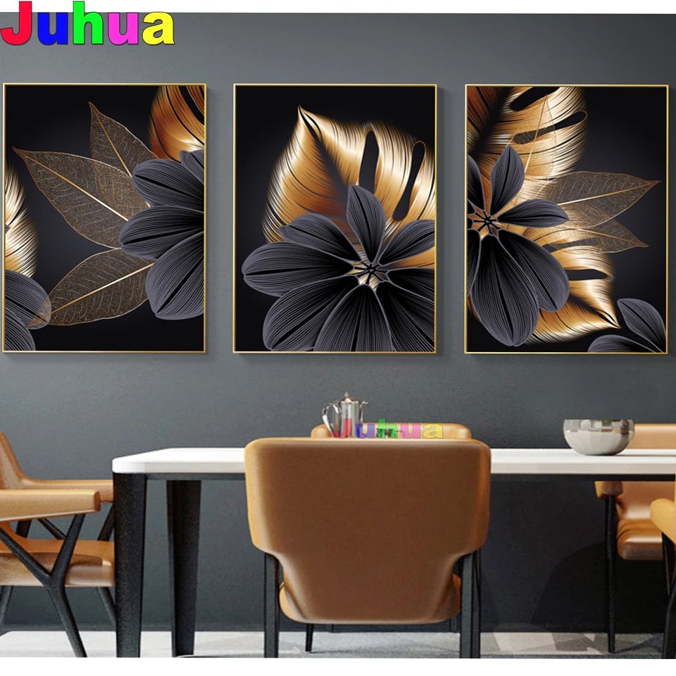 Needle Arts & Craft for women Luxury Blossom Leaves full square diamond painting 5d diy embroidery diamond mosaic handmade Nordic Black Copper Wall Art,3 pcs art felting