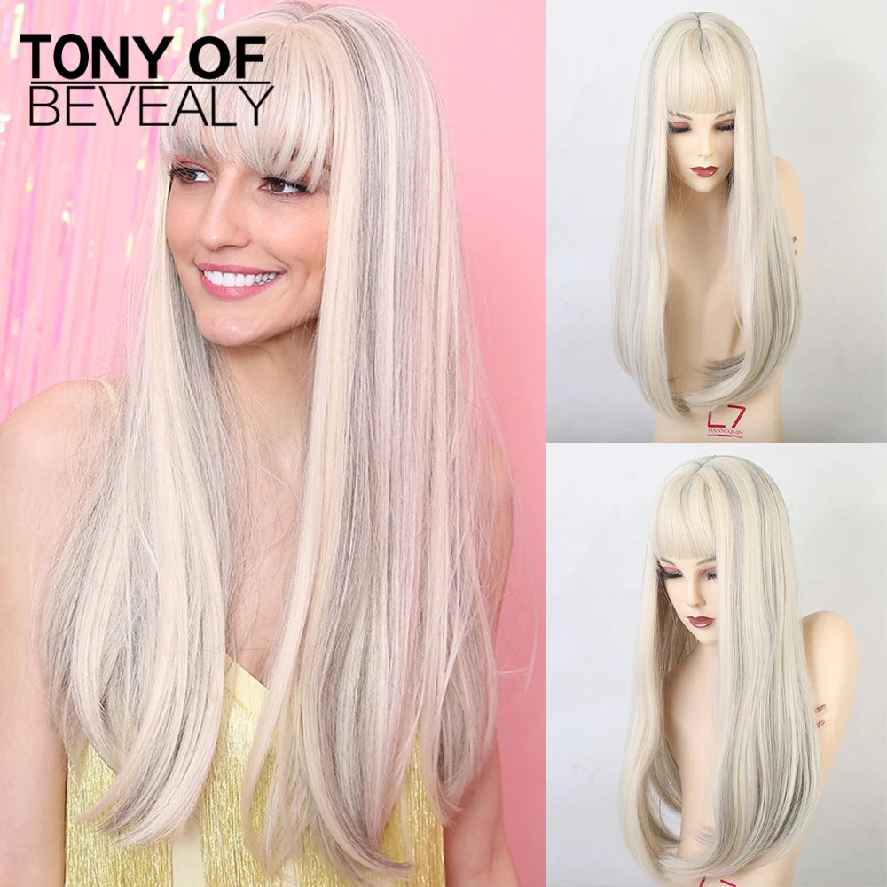 Длинные прямые синтетические парики с челкой смешанные белые из натуральных