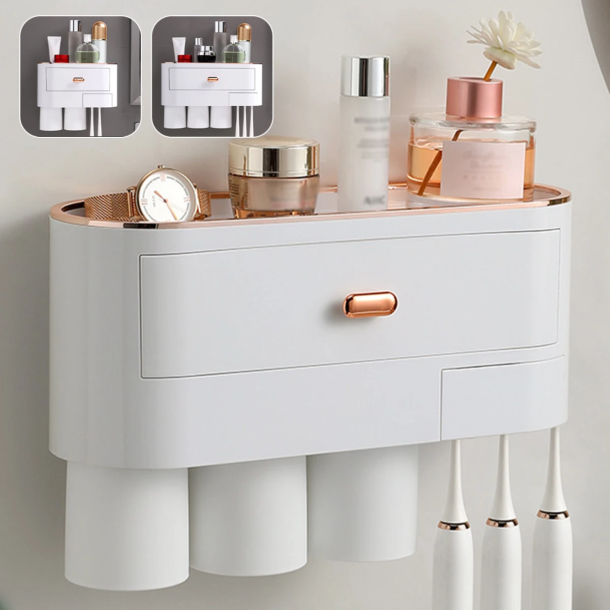 

Set Toothbrush Storage Rack Wall Mounted Toothbrush Holder Automatic Toothpaste Dispenser Squeezer