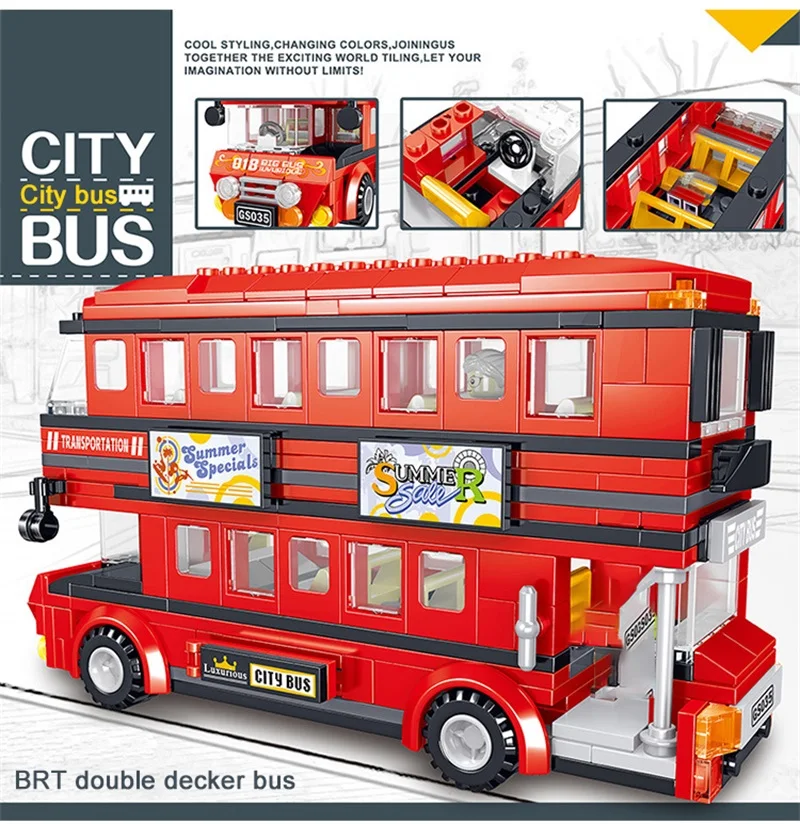 398 штук DIY серии автомобилей строительные блоки игрушка красный двойной автобус