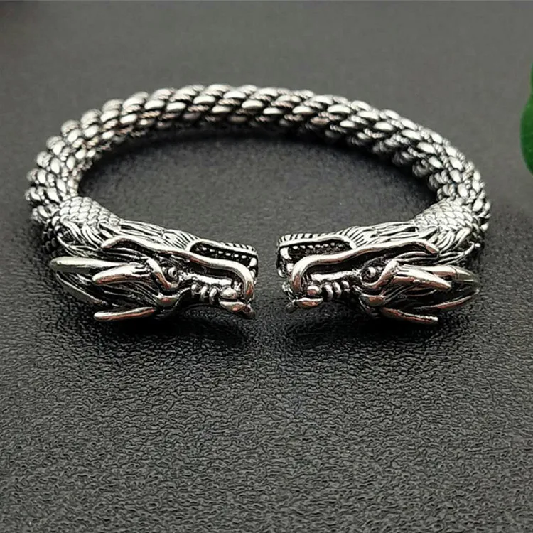 Античный браслет из серебра 925 пробы с двойным драконом тибетского