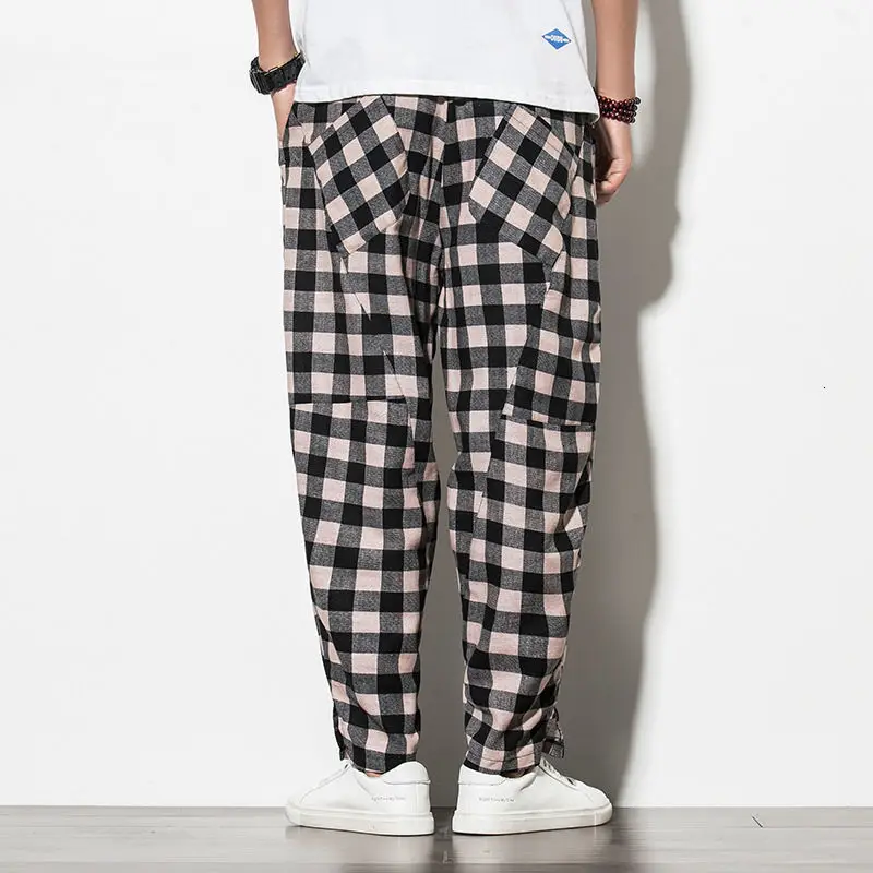 

MrGoldenBowl Autumn And Spring Men's Pants Full Length Loose Plaid Chinese Style Pants Cotton Linen Drawstring Harem Pants