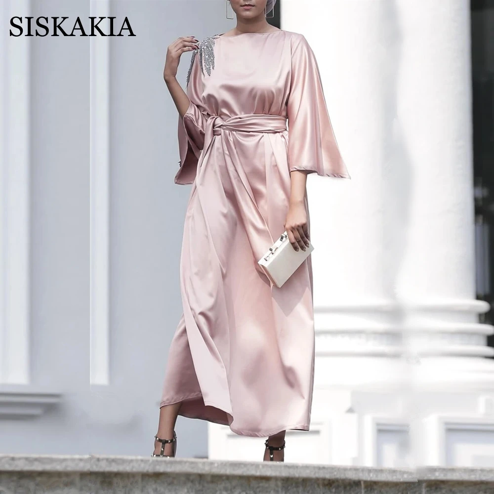 

Женское атласное Макси-платье Siskakia, с вышивкой, с круглым вырезом, полурукавами, в арабском, турецком, мусульманском стиле, для лета, 2021