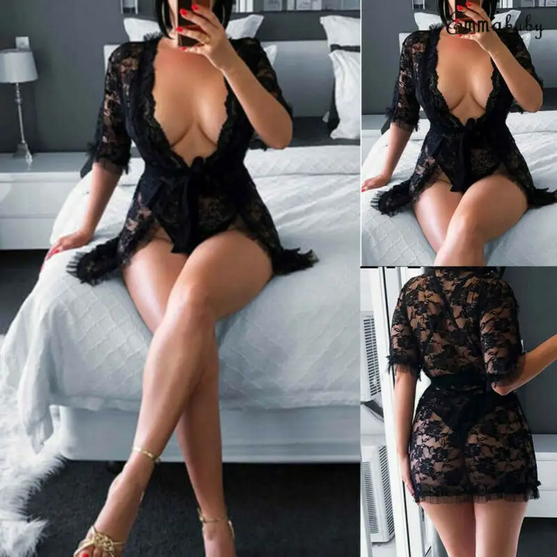 Сексуальное женское белье женский черный халат с ремешком ночное платье