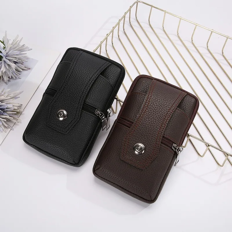 

Vintage Men's Waist Bag Solid Color PU Leather Waist Bag Casual Male Small Wallet Mobile Phone Bags Multi Layer Coin Belt Purse