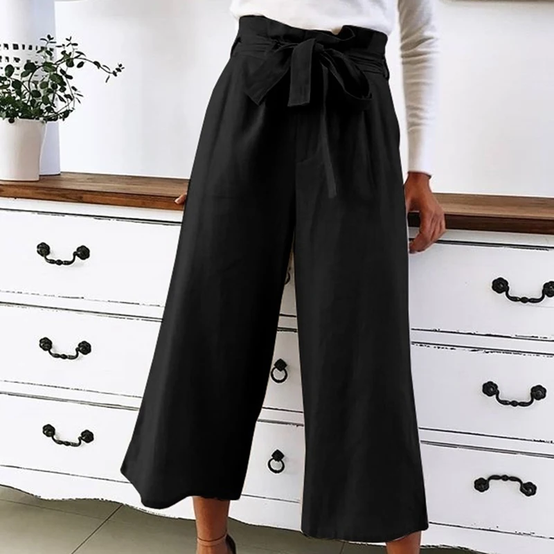 Женские эластичные широкие брюки с высокой талией черные повседневные свободные