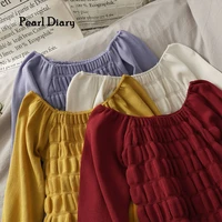 pearl diary women knitting tops spring autumn shirring off shoulder tops blouse sleeve casual solid color knit tops for ladies