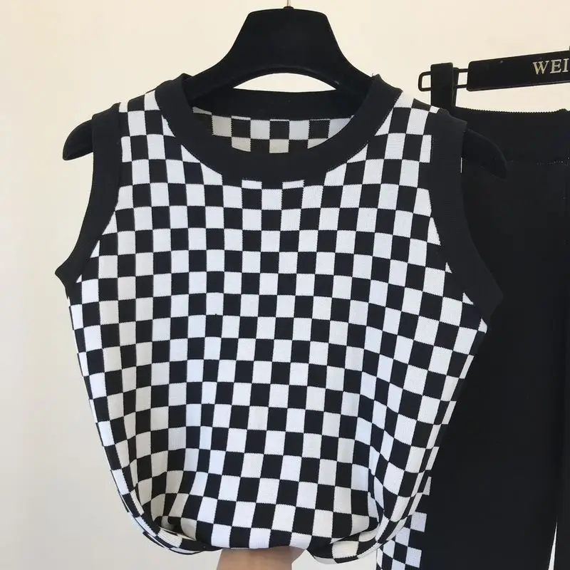 Женский трикотажный комплект ALPHALMODA топ в клетку и брюки с высокой талией