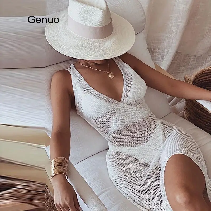 Вязаное пляжное платье макси для женщин прозрачное сексуальное с открытой