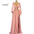Женское вечернее платье с V-образным вырезом, розовое элегантное пикантное платье в пол с длинным рукавом, V-образным вырезом и разрезом спереди, 2021