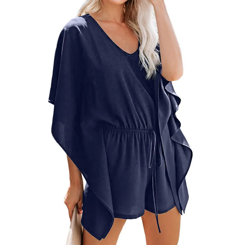 

Casual Summer Female V-Neck Solid Color High-waisted Wide Loose Casual Jumpsuit 2021 Women Retro Black Office Rompers Plus Size