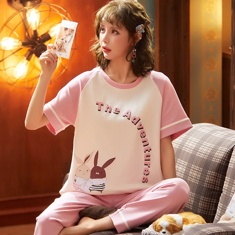 Весенний Пижамный костюм с коротким рукавом Женская милая Домашняя одежда из