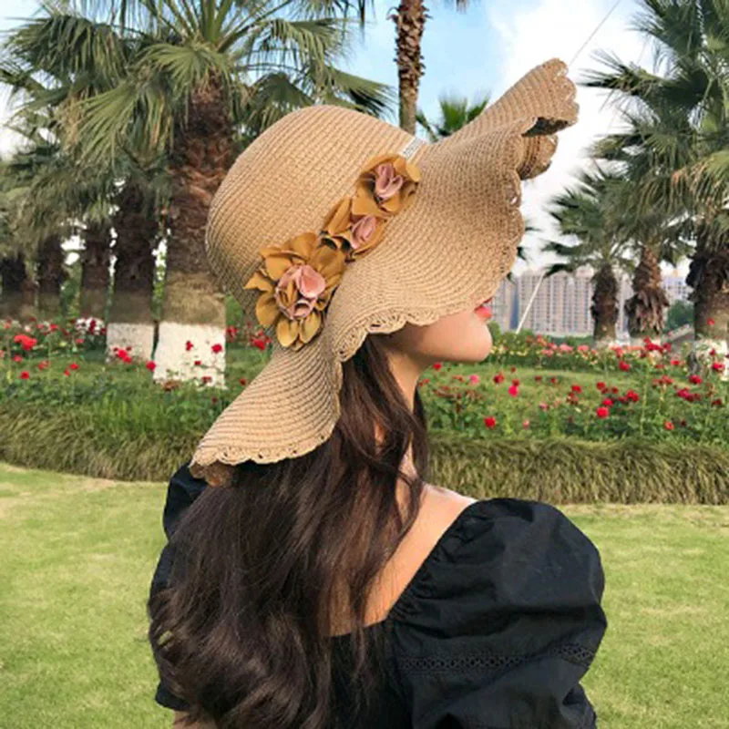 

Summer Straw Hat Women Wide Brim Cap Sun Protection Flowers Beach Hat Female Breathable Foldable Sun Hats For Women Ladies New