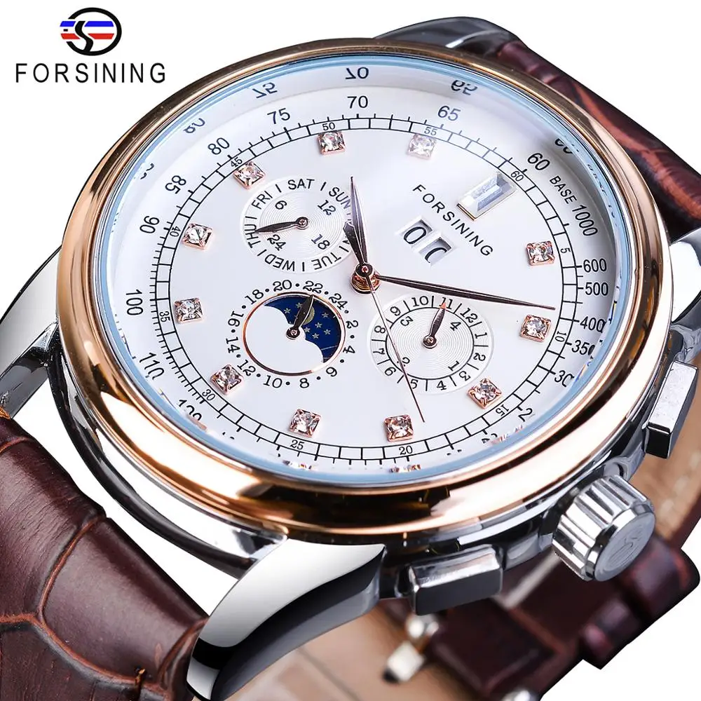 

Forsining 3 Dial Multifunction Shanghai Movement Brown Leather Mens Business Fashion Automatic Mechanical Watch Top Brand Luxury