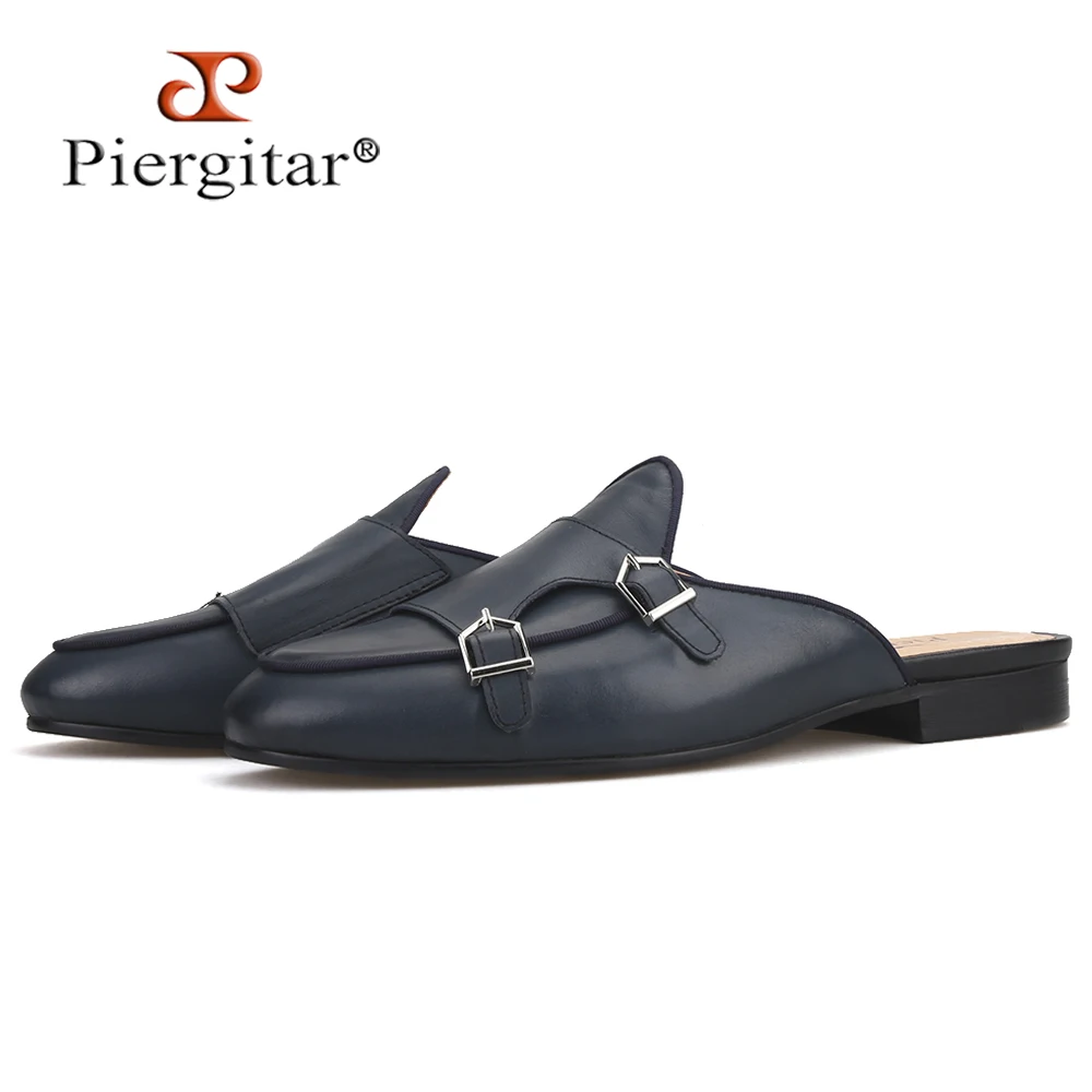 

Piergitar handmade cow leather men's slippers with metal decoration fashion party men mules male smoking slippers plus size