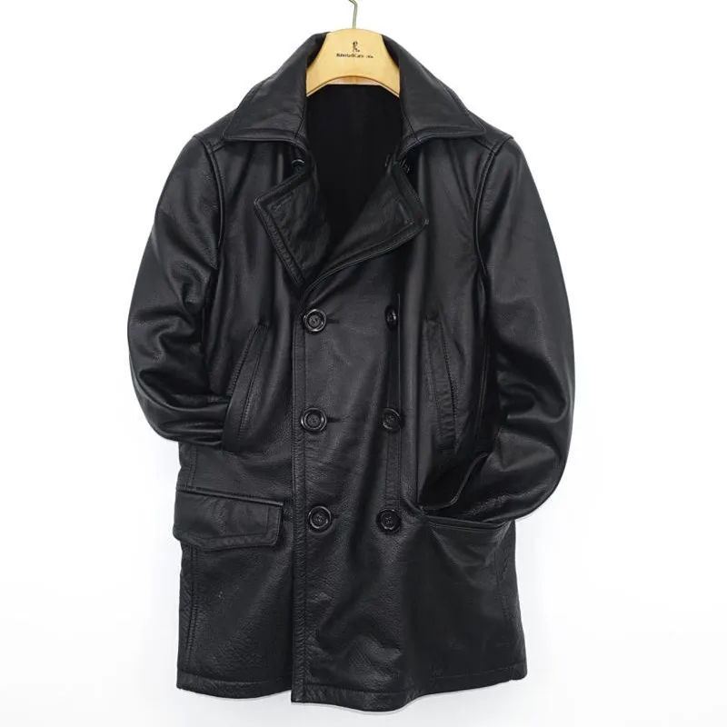 

Men 2020 Black Long Genuine Leather Pea Coat Plus Size XXXXL Real Cowhide Winter Russian Casual Leather Coat FREE SHIPPING