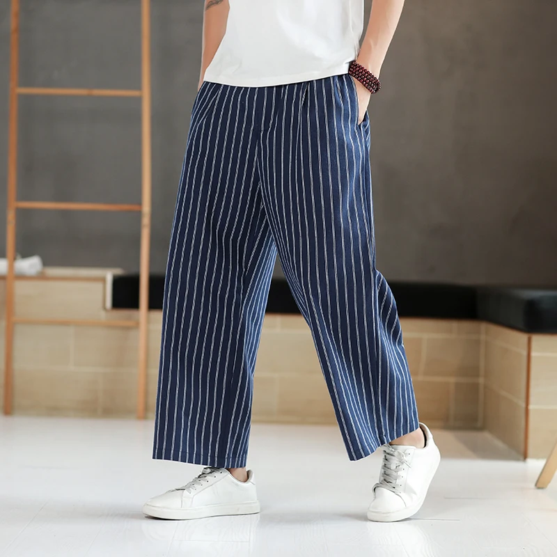

Mens Nature Cotton Baggy Pant Men Striped Casual Straight Loose Wide Leg Pants Plus Size 5XL-M Traditional Pantalon Hombre