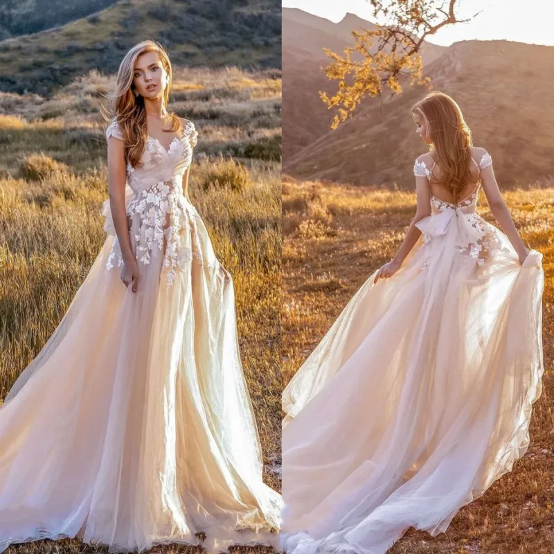 

Vestido De Noiva 2020 Boho Beach Wedding Dress Elegant Backless Lace Appliques Short Sleeve Bow Bridal Wedding Gowns