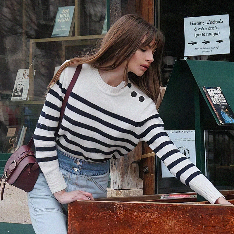 

Black Striped White Sweater Winter Women Long Sleeve Round Neck Elegant Knitted Pullovers Casual Chic Female Autumn Jumper Pull