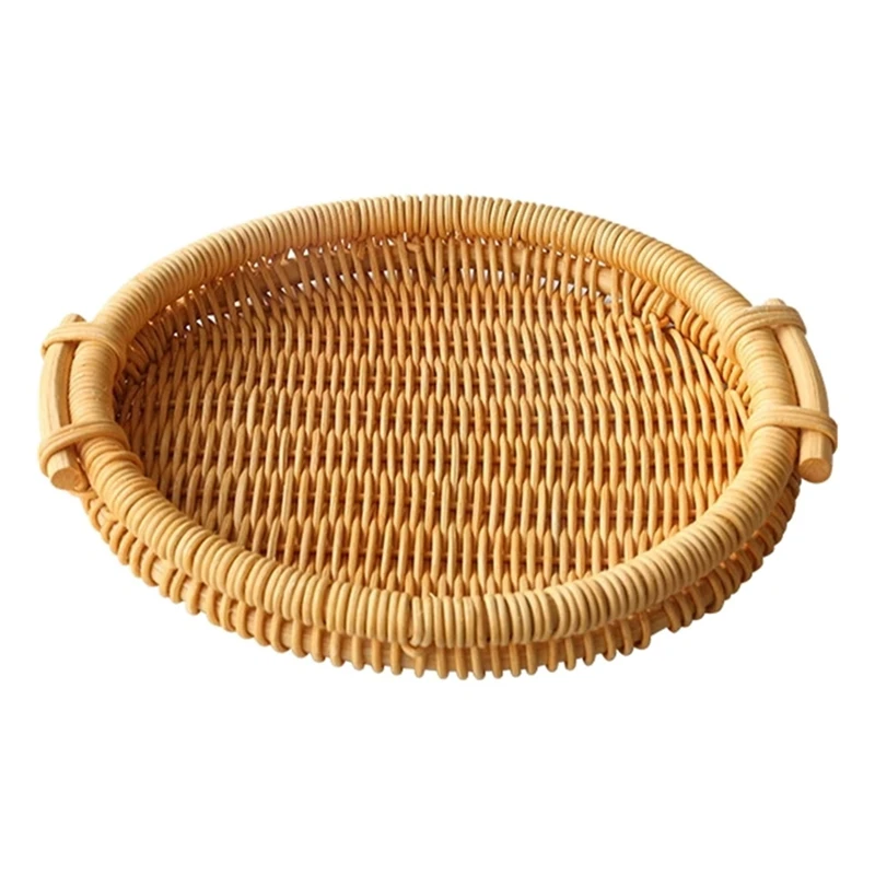 

Handwoven Round Rattan Trays with Handles Food Storage Platters Drinks or Snacks High Wall Serving Tray