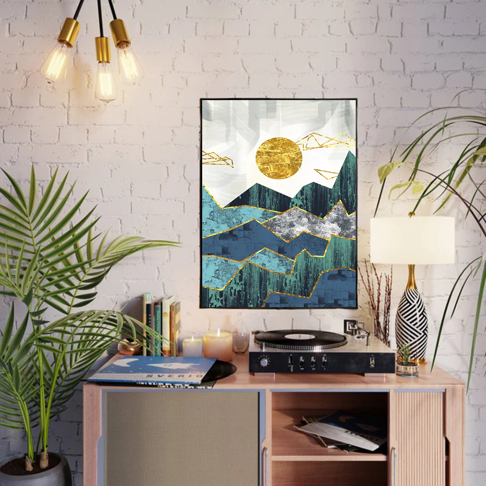 

Nordic Abstract Geometric Mountain Landscape Wall Art Canvas Painting Sunrise Scene Picture Poster for Living Room Interior Home