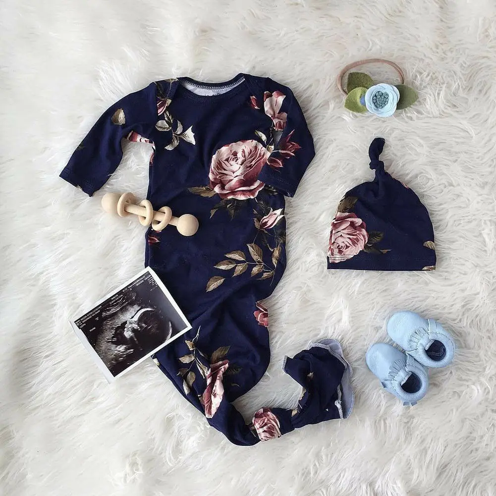 Infant Baby Girls Boys Long Sleeve Flower Gown Blanket Sleep Bag Sleepwear+Hat Sets Newborn New Floral Sleeping Clothes