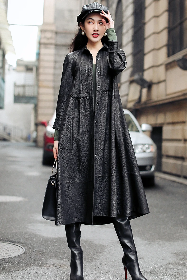 

Spring 2020 new button leather coat women's loose medium length sheep skin foam leather leather windbreaker coat