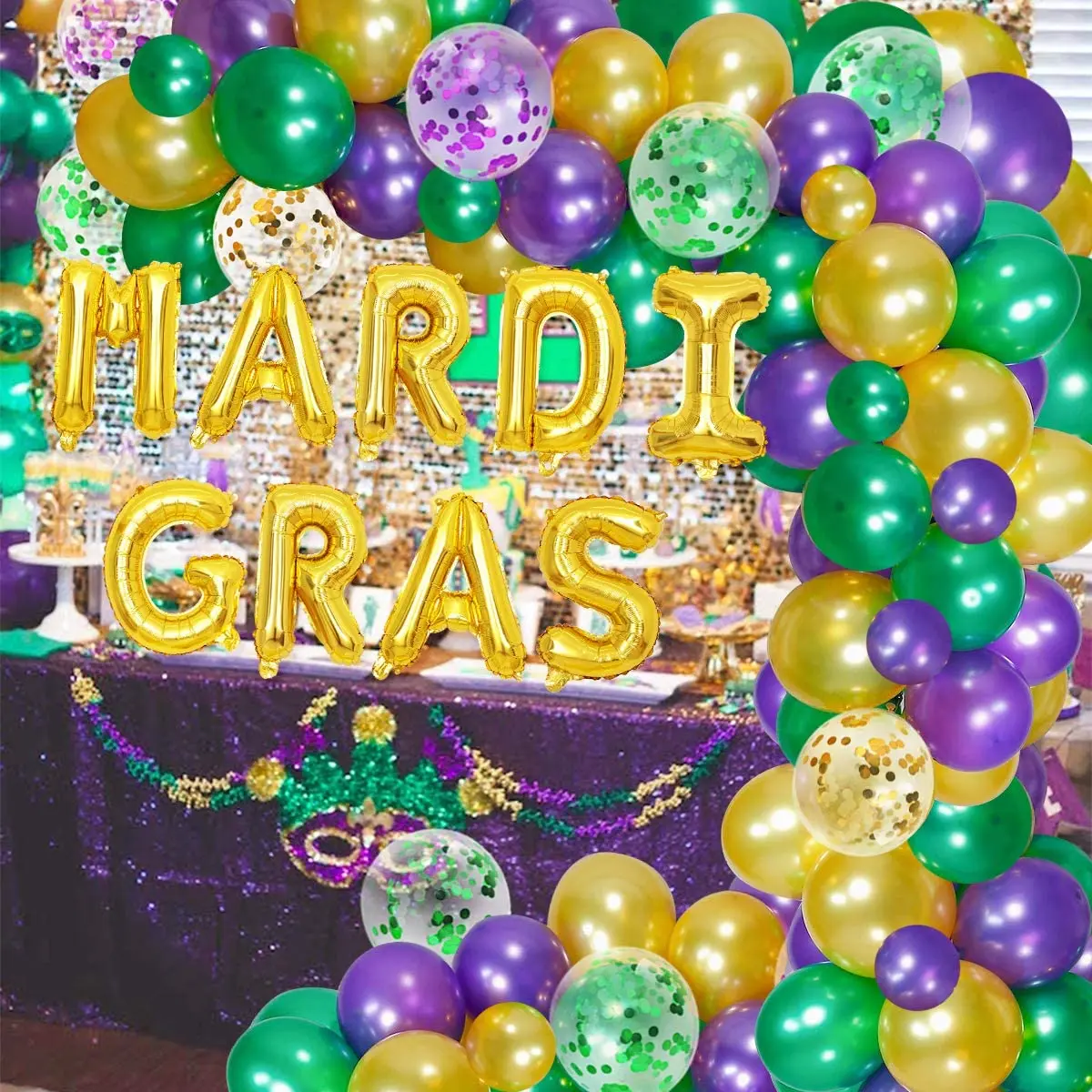 

JOYMEMO Mardi Gras Balloon Garland & Arch Kit MARDI GRAS Foil Balloons for Carnival New Orleans Masquerade Party Decorations