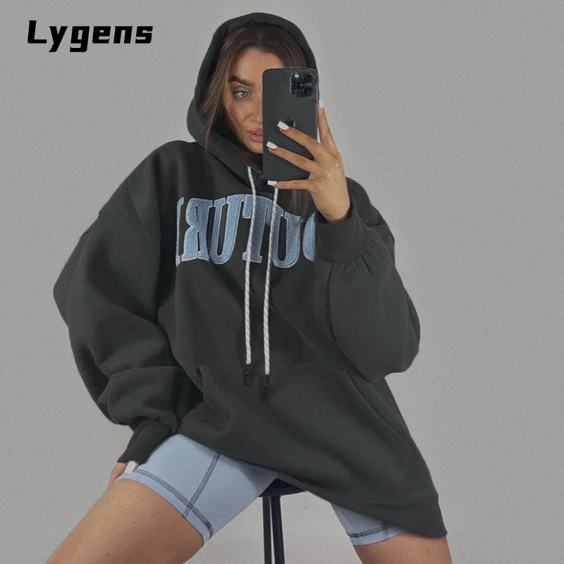 

Женская толстовка с капюшоном и вышивкой Lygens 2021, хлопковая спортивная одежда, зимняя куртка