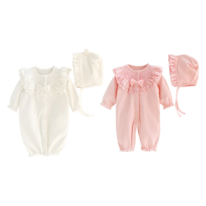 

Cute Baby Girls Romper Lace Long Sleeve Flower Print Romper +Hat Set