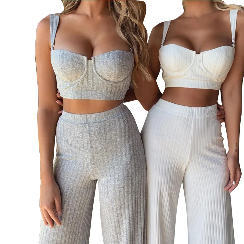 

2 Piece Set Women Summer 2020 Crop Tops Bodycon High Waist Pants Long Wide Leg Pants Set Club Party wear
