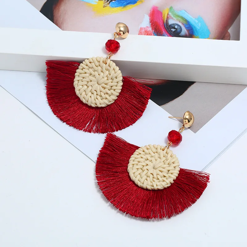 Женская Соломенная бижутерия ручной работы Винтажные серьги с кисточками