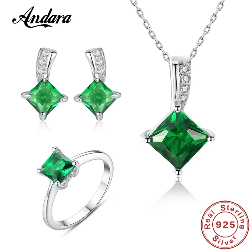 Комплект ювелирных изделий из серебра 100% пробы с квадратным зеленым драгоценным