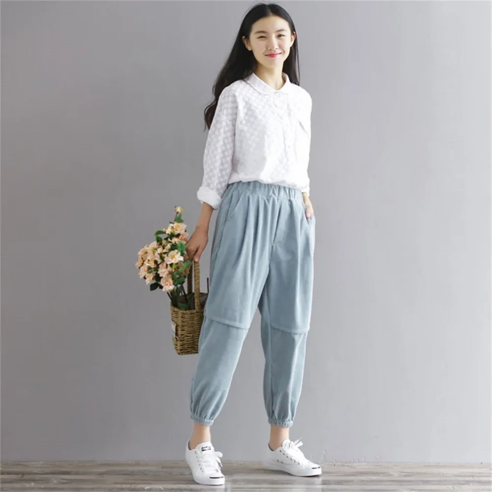

Autumn Winter Solid Color Women Corduroy Pants Vintage Casual Warm Lady Loose Cotton Harem Trouser Carrot Shape Wide Leg Pants