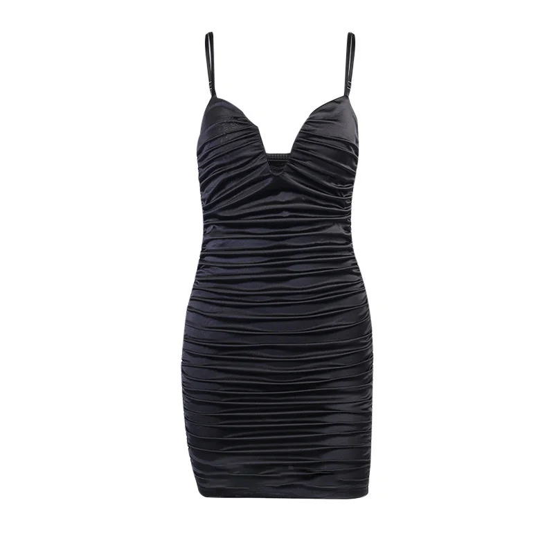 

solid Ruched dress sexy Sleeveless Backless V neck Spaghetti Strap dresses Summer elegant black party dress