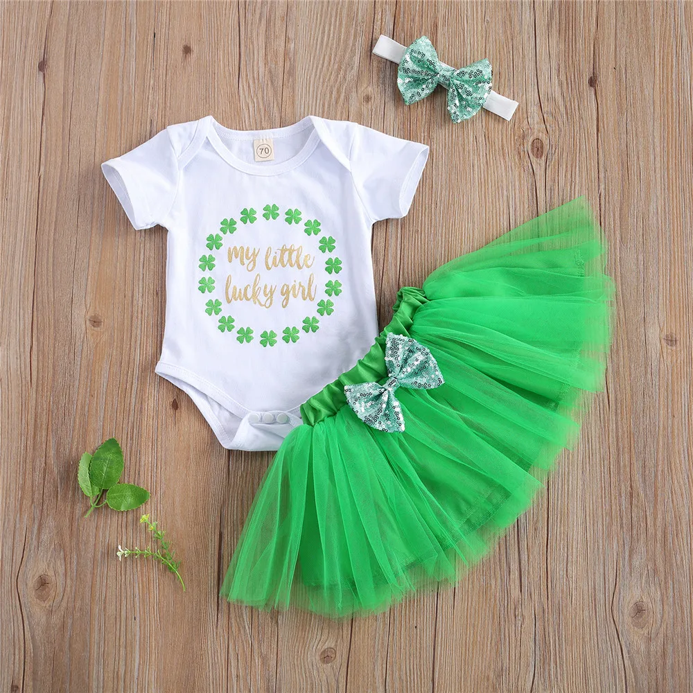 

Baby Girls Patrick's Day Clothes Set Letter Print Short Sleeve Jumpsuit Elastic Waist Bow Tutu Skirt Headband 3 Piece For 0-24M