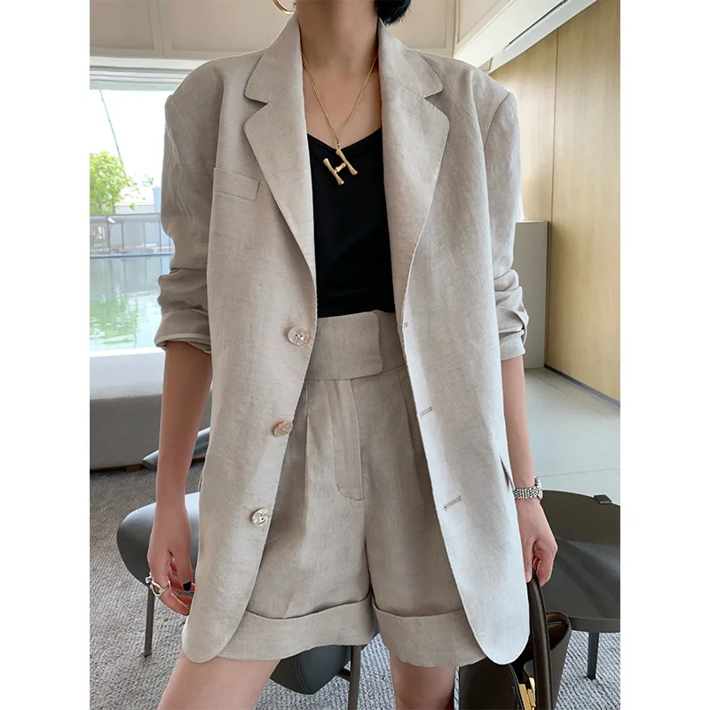 

Xiaojing 2021 spring French niche cotton and linen suit leisure occupation two piece suit Korean linen suit female