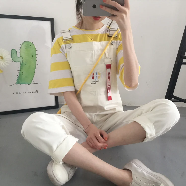 

Overalls Women Korean Style Embroidery Strappy Jeans Loose All-match Casual Jumpsuit Straight Wide Legs