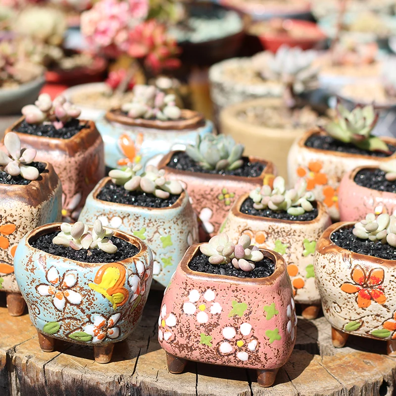 Korean Simple Fleshy Flower Pot Ceramic Hand-painted Fresh Thumb Pot Coarse Pottery Permeable Pot Peach Egg Flesh Flower