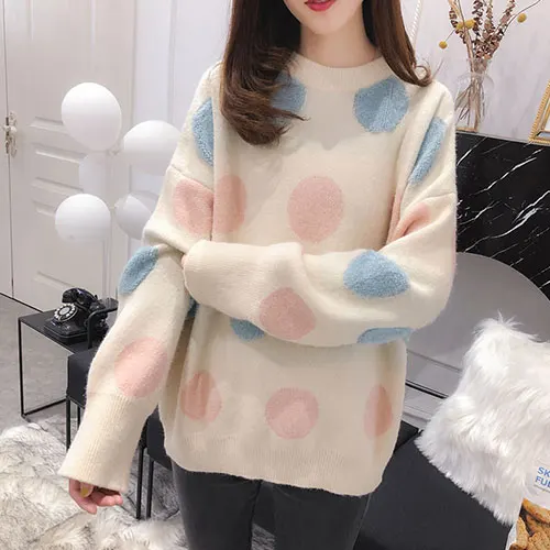 Женский милый sweater в горошек TIGENA, теплый вязаный свободный пуловер с длинным рукавом, джемпер для женщин на зиму - Цвет: Бежевый