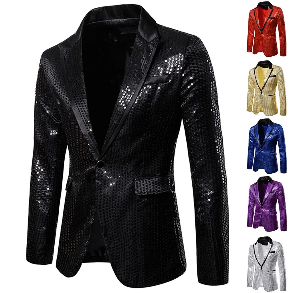 Mens Sequins Patchwork Suit Blazer Jacket Brand New Male Slim DJ Club Stage One Button Blazer Man Formal Wedding Clothes
