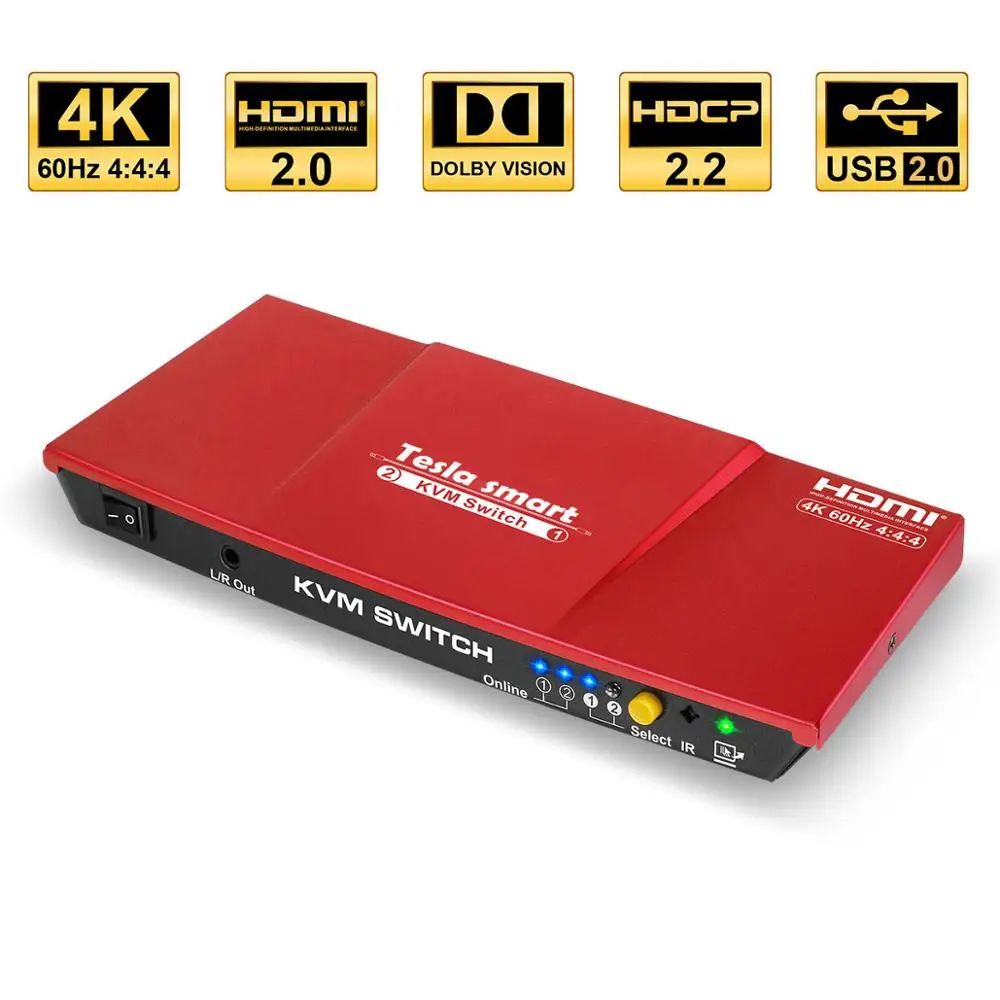 Tesla Smart высококачественный HDMI 4K@60Hz HDMI KVM переключатель 2 порта USB KVM HDMI переключатель поддержка 3840*2160/4K*2K дополнительный USB 2.0 порт красный